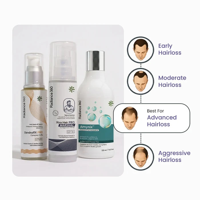 Three hair care products with illustrations of hair loss stages on a white background