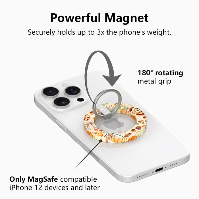 Powerful magnet diagram for the All The Fall Things MagSafe grip ring, showing the 180 degree rotating metal grip that holds up to three times the phone's weight on MagSafe iPhone 12 and later.