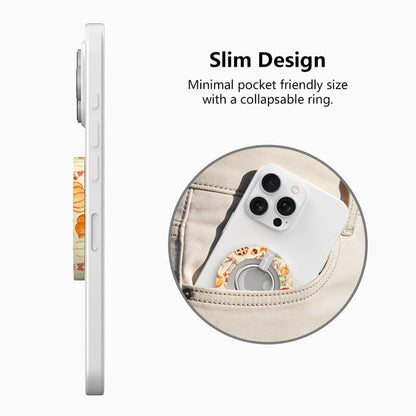 Slim design diagram for the All The Fall Things MagSafe grip ring, showing the low-profile collapsible ring sliding easily into a pocket.