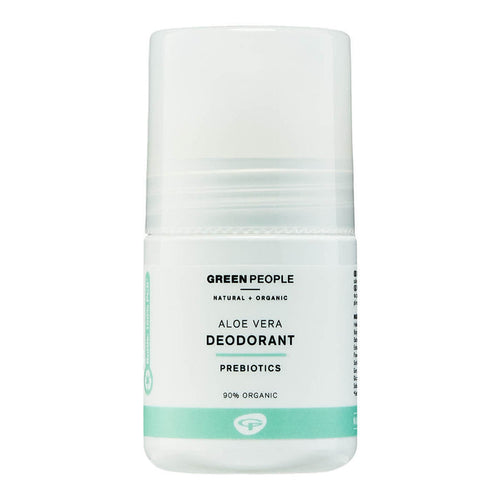 Green People aloe vera deodorant on a white background. 90% organic ingredients.
