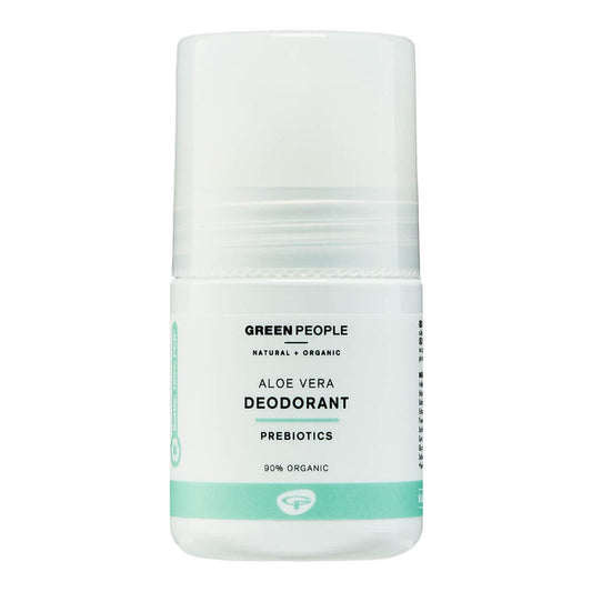 Green People aloe vera deodorant on a white background. 90% organic ingredients.