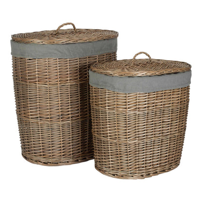 Antique Wash Grey Cotton Lined Oval Willow Laundry Basket