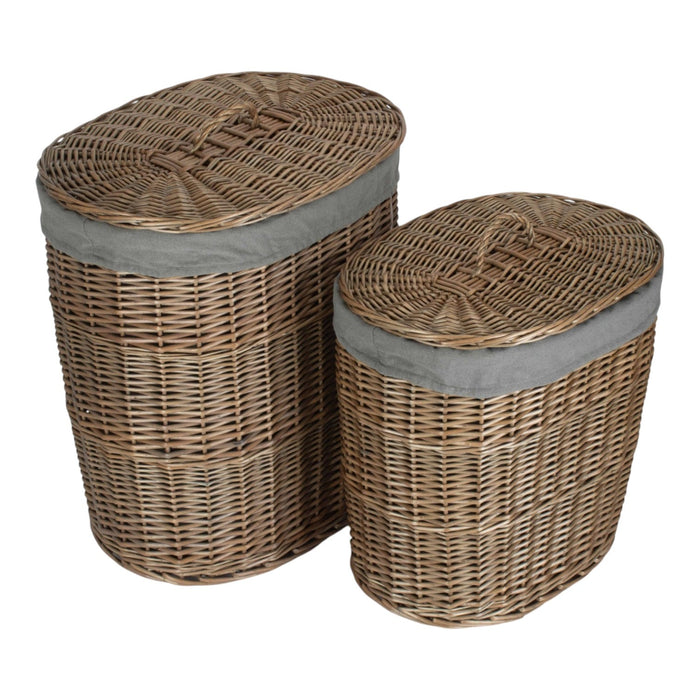 Antique Wash Grey Cotton Lined Oval Willow Laundry Basket