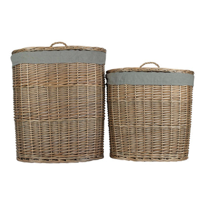 Antique Wash Grey Cotton Lined Oval Willow Laundry Basket
