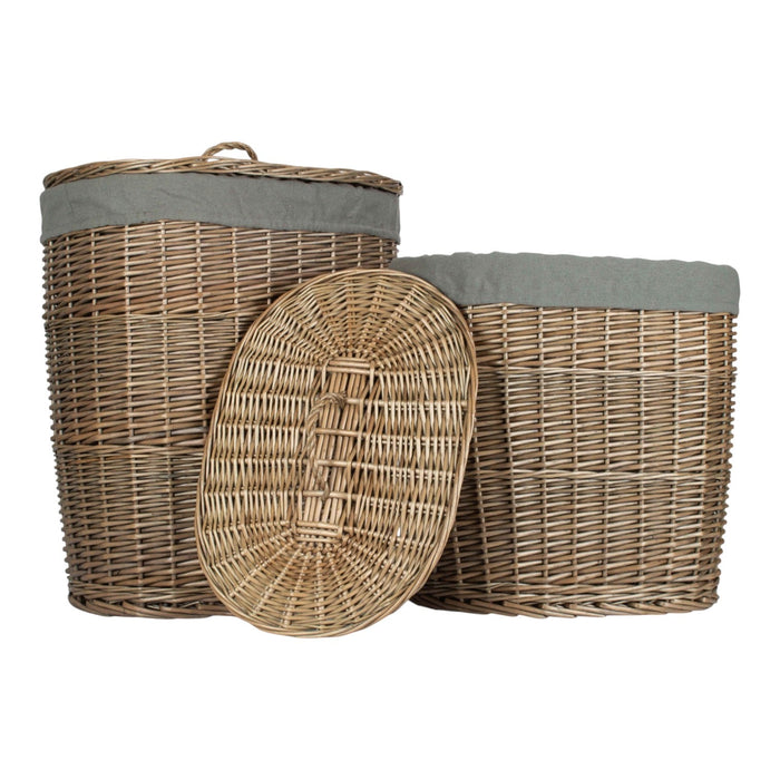 Antique Wash Grey Cotton Lined Oval Willow Laundry Basket