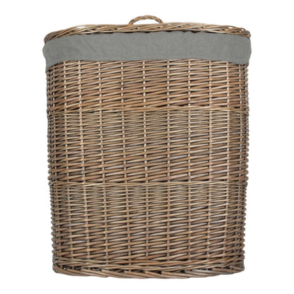 Antique Wash Grey Cotton Lined Oval Willow Laundry Basket