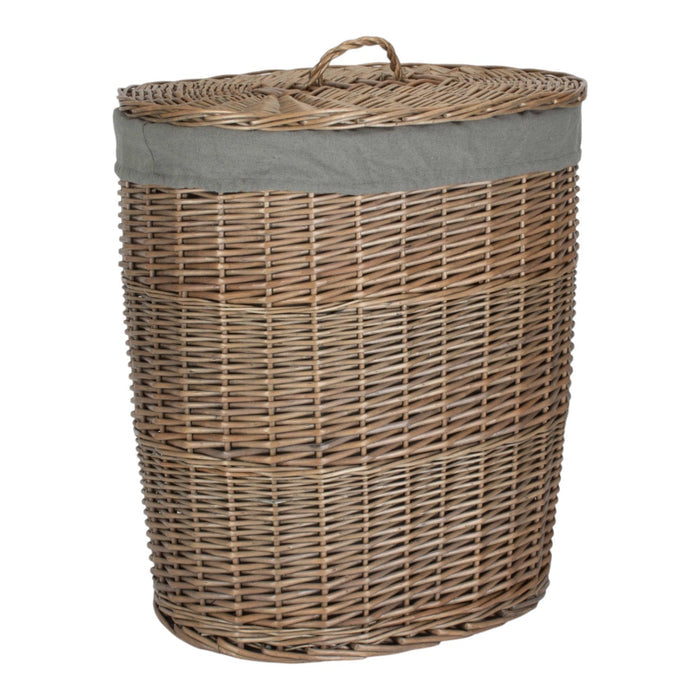 Antique Wash Grey Cotton Lined Oval Willow Laundry Basket