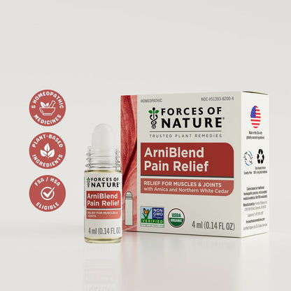 Front view of ArniBlend Pain Relief roll-on and box showing product name and 4 ml size on light gray background