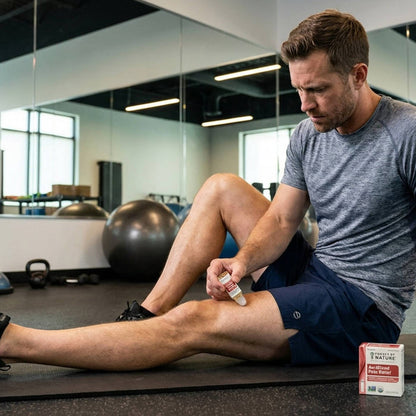 Man applying ArniBlend Pain Relief roll-on to his lower leg while seated on a gym mat, exercise balls and a mirrored wall behind him