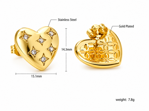 Ason Heart Zircon Stud Earrings 18K Gold