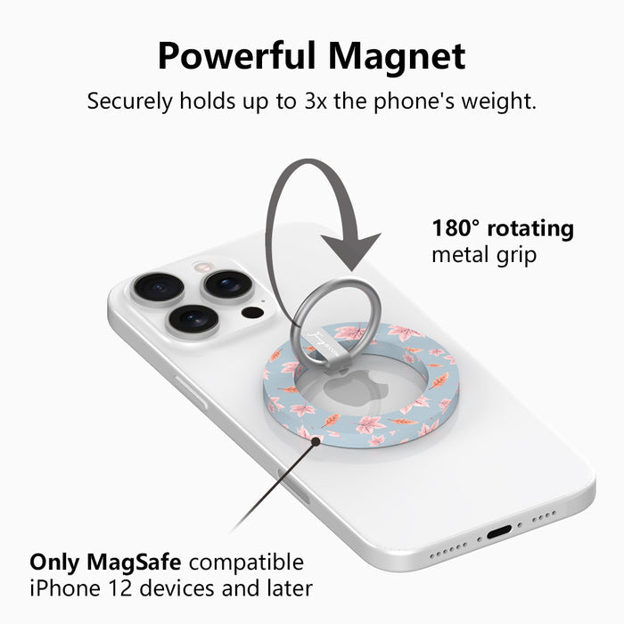 Powerful magnet diagram for the Autumn Breeze MagSafe grip ring, showing the 180 degree rotating metal grip that holds up to three times the phone's weight on MagSafe iPhone 12 and later.