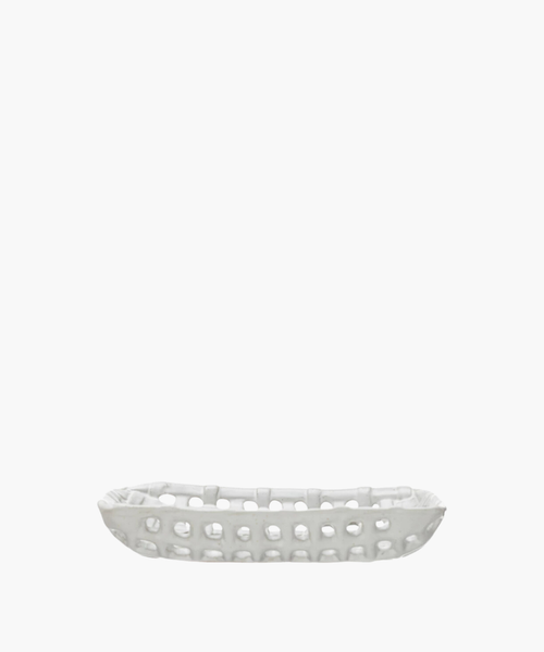 A white, rectangular ceramic basket dish with an open lattice design. The dish has a smooth finish and a contemporary look, evoking a minimalist style. | SW Home