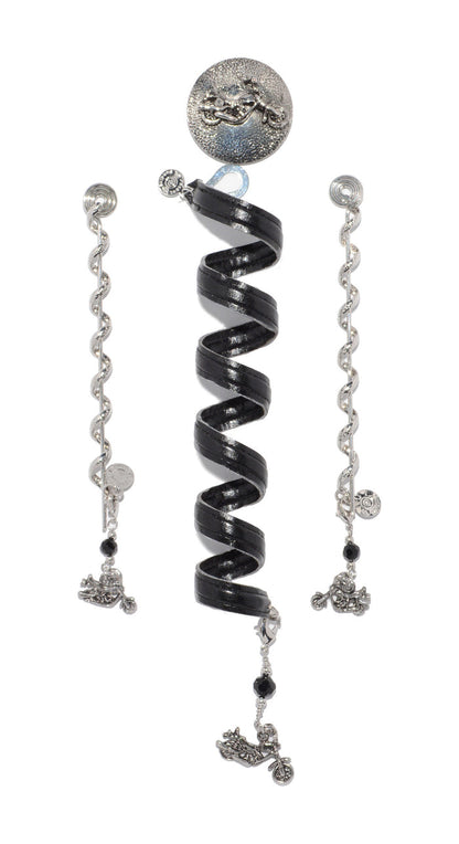 Black spiral ponytail wrap set with adjustable metal coil and dangling chain charms, front view