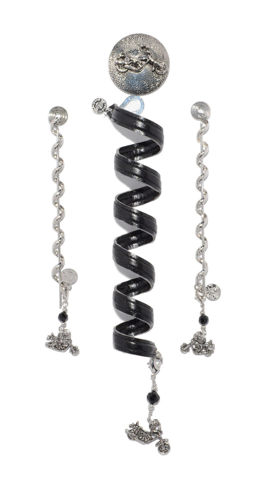 Black spiral ponytail wrap set with adjustable metal coil and dangling chain charms, front view