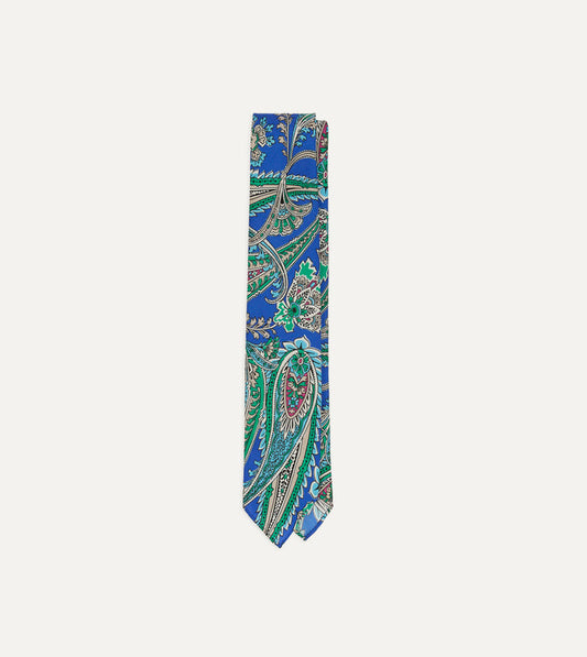 Blue Nouveau Leaves Shantung Silk Hand-Rolled Tie