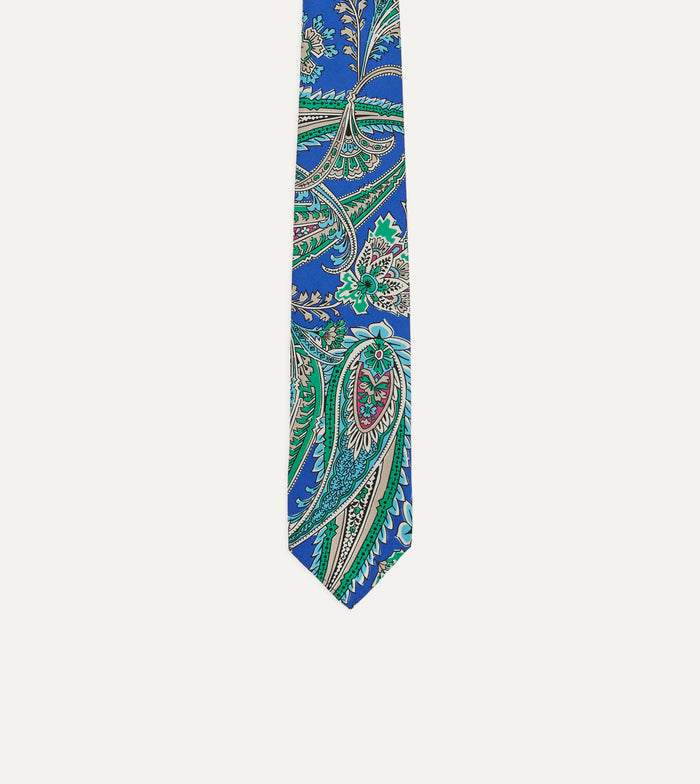Blue Nouveau Leaves Shantung Silk Hand-Rolled Tie