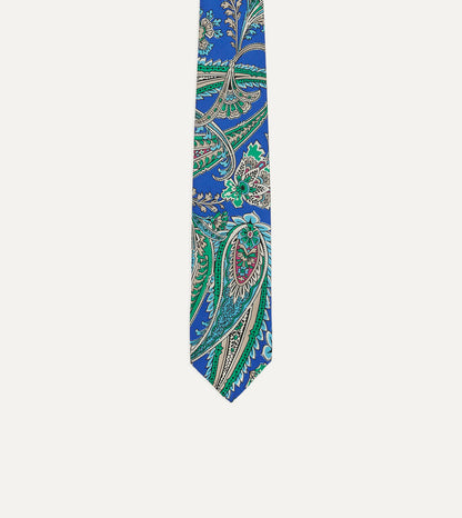 Blue Nouveau Leaves Shantung Silk Hand-Rolled Tie
