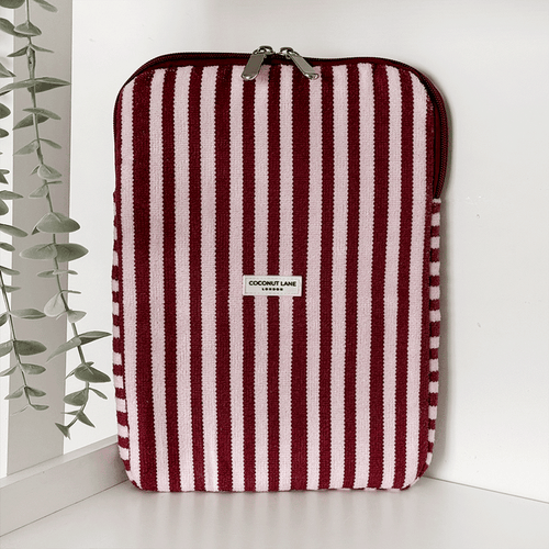 Burgundy and light pink striped iPad Sleeve, with silver zip and Coconut Lane logo badge.