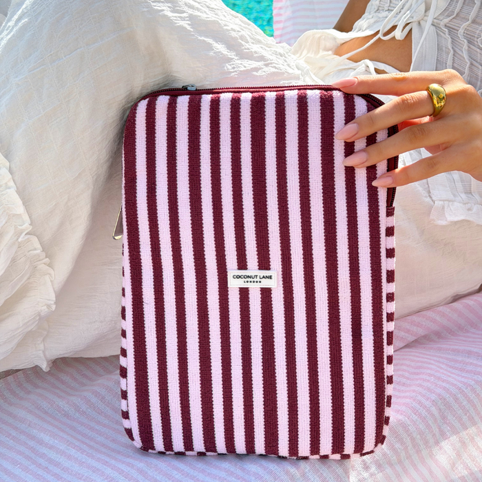 Close up of iPad Sleeve Blushberry Scallop Stripes