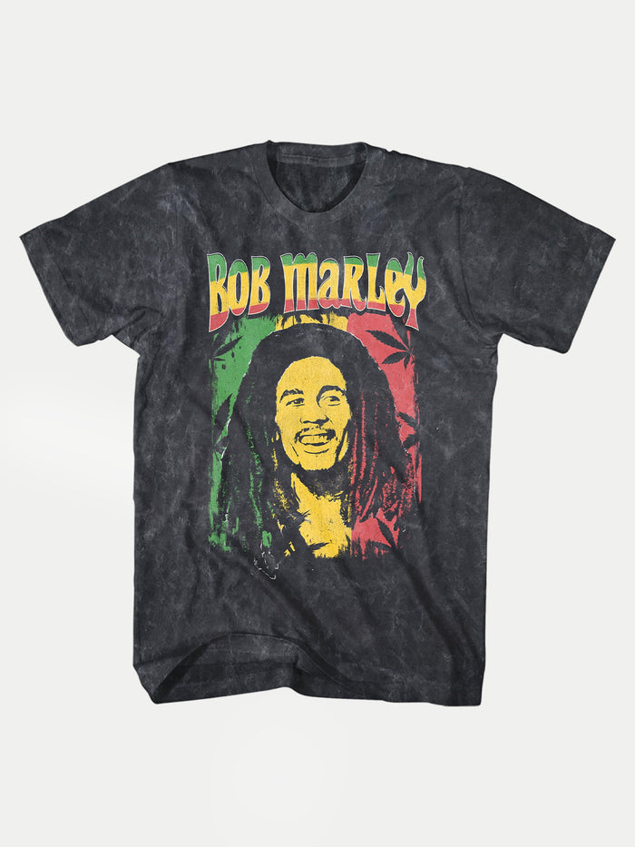 Bob Marley - Mineral Wash Ganja Print T-Shirt | Grey Mineral Wash-Image 1
