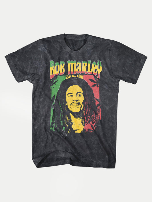 Bob Marley - Mineral Wash Ganja Print T-Shirt | Grey Mineral Wash-Image 1