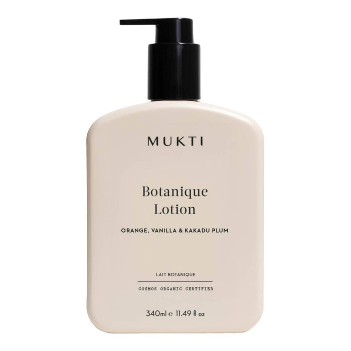 Mukti Botanique Lotion bottle on a white background. Orange, vanilla & kakadu plum lotion.