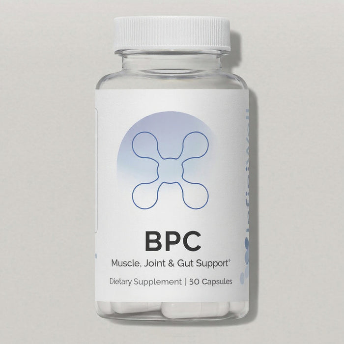 Infiniwell BPC muscle, joint and gut support supplement bottle with 50 capsules on white background