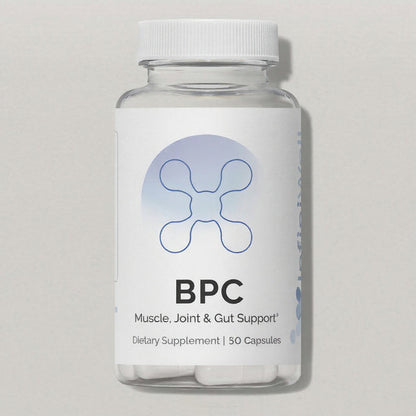 Infiniwell BPC muscle, joint and gut support supplement bottle with 50 capsules on white background