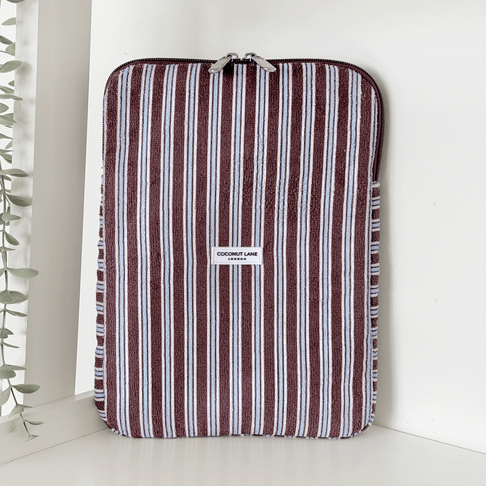 Brown, white and blue striped iPad Sleeve with silver zip and Coconut Lane logo badge.