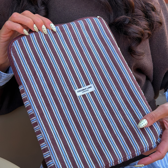 Close up image of Brown and Blue Stripe iPad Sleeve