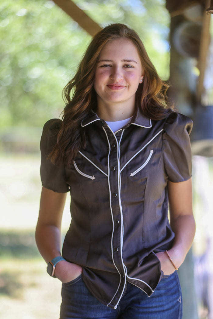 Brown Satin Button Down Short Sleeve Pearl Snap