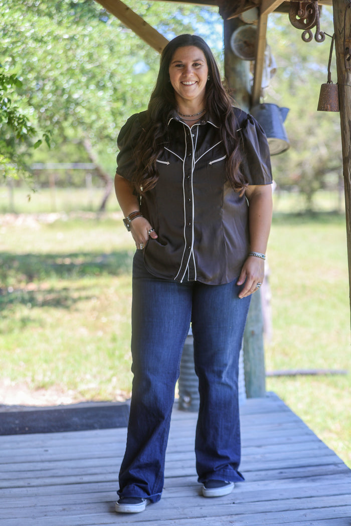 Brown Satin Button Down Short Sleeve Pearl Snap