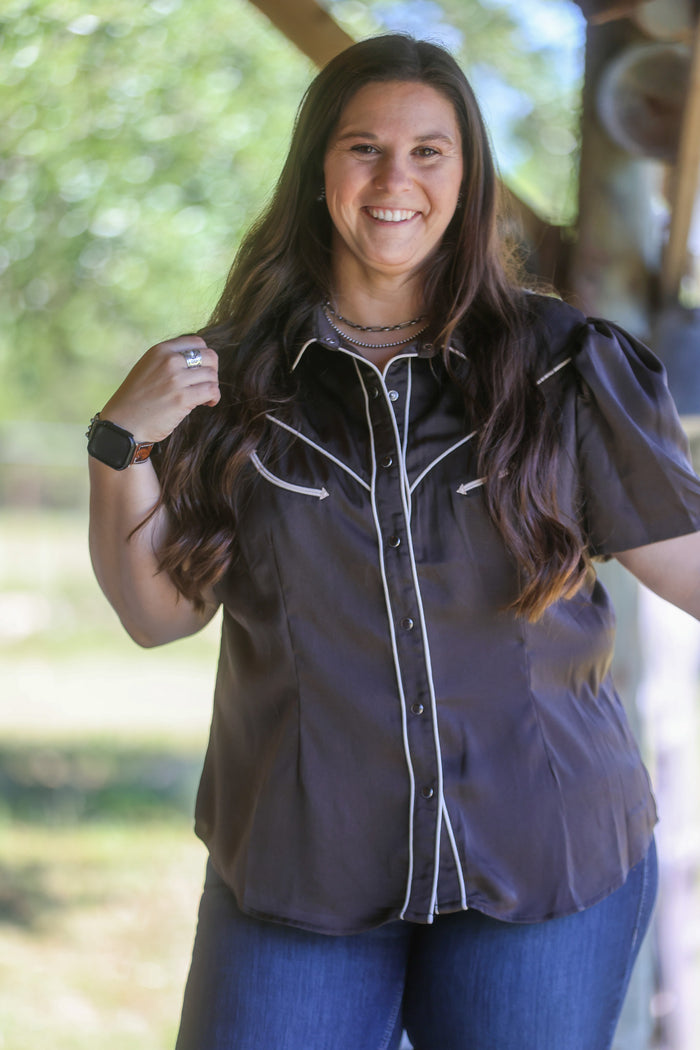 Brown Satin Button Down Short Sleeve Pearl Snap