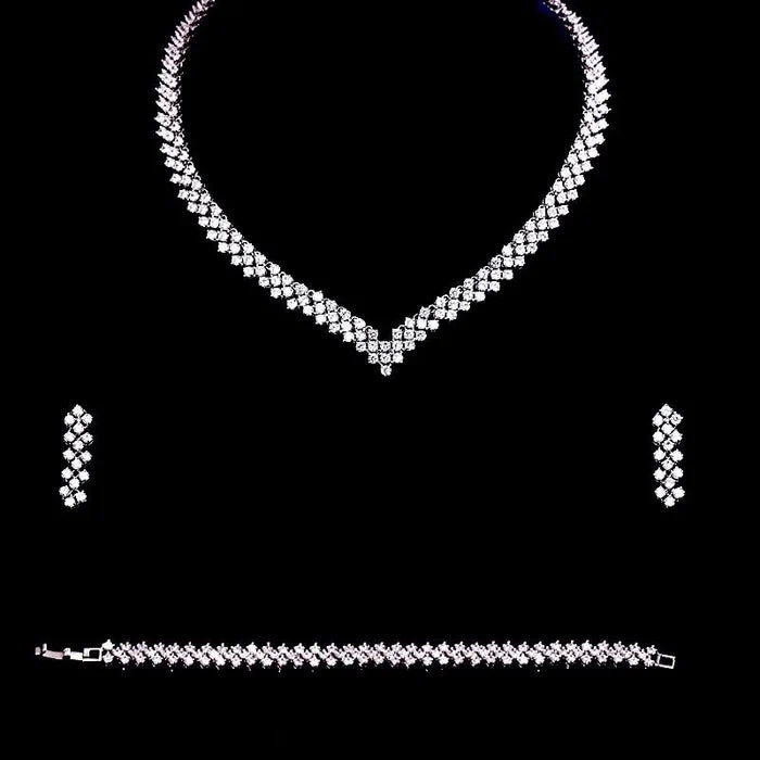 Wedding Jewelry - Silver Cubic Zirconia Bridal Three-Piece Jewelry Set
