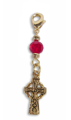 gold celtic cross charm with red faceted bead and lobster clasp