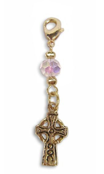 Gold Celtic cross hair charm with clear bead for braids and Hair Twisters on white background