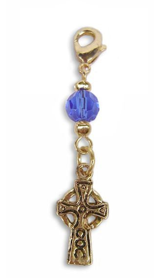 Gold Celtic cross hair charm with blue bead for braids and Hair Twisters on white background