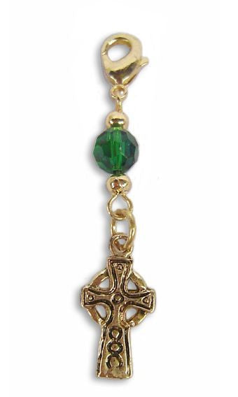 Gold Celtic cross hair charm with green bead for braids and Hair Twisters on white background