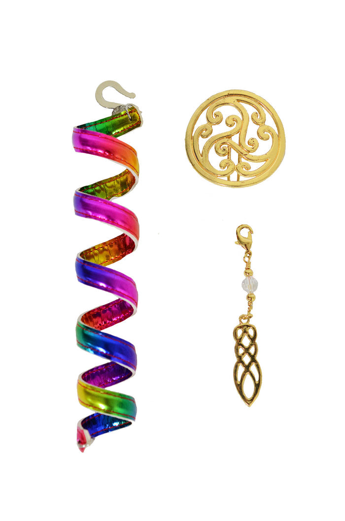 Celtic rainbow hair wrap with gold spiral, charm, and bead accessories, front view