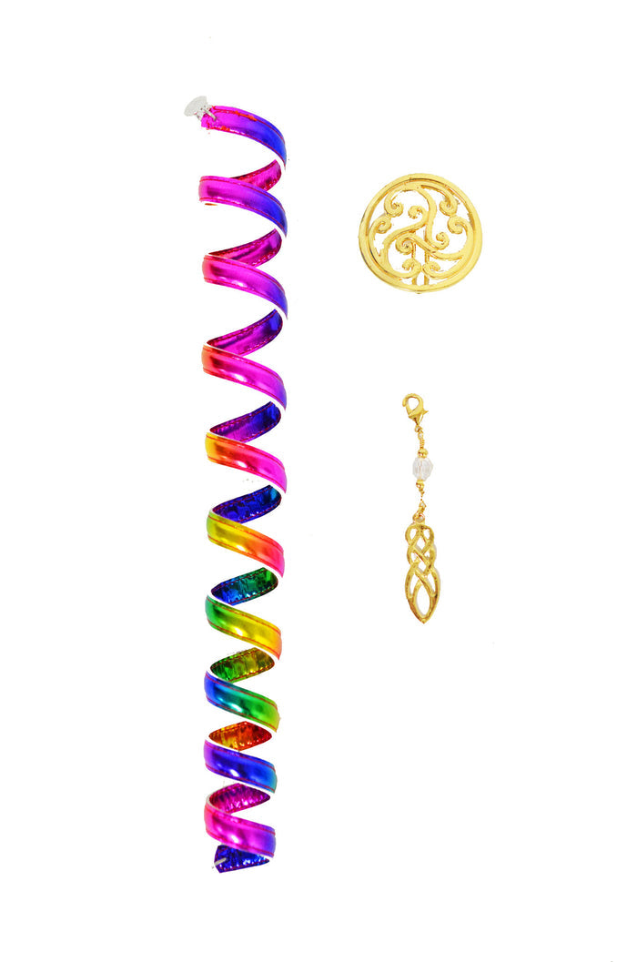 12 inch rainbow anodized aluminum ponytail wrap set with gold Celtic charm and dangling accent, festival hair accessory, front view on white background
