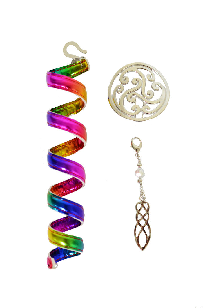 Celtic rainbow silver hair wrap with spiral wrap, round filigree charm, and dangling bead accent, front view