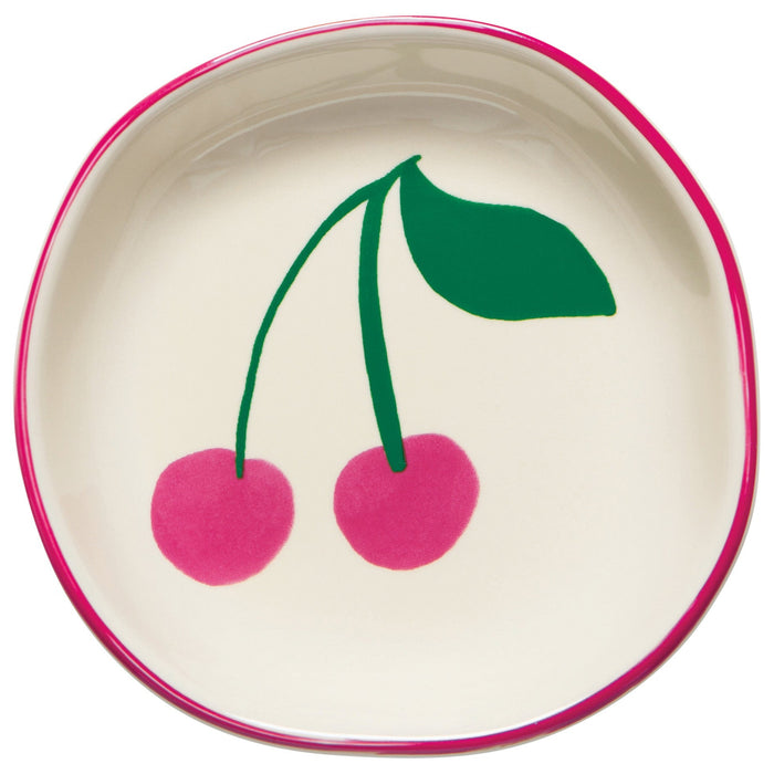 A set of round ceramic pinch bowls with cherry designs in varying colors such as red, green, and pink.