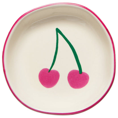 A set of round ceramic pinch bowls with cherry designs in varying colors such as red, green, and pink.