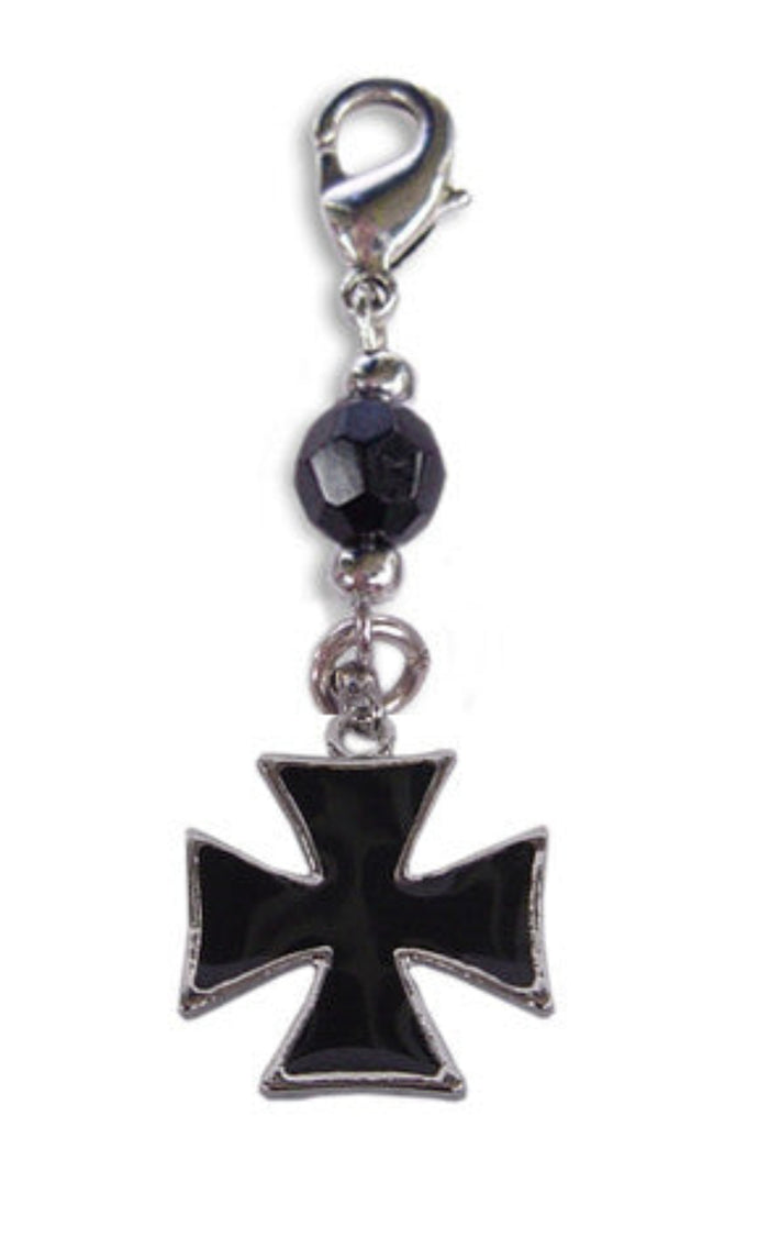 silver cross charm with black faceted bead and lobster clasp