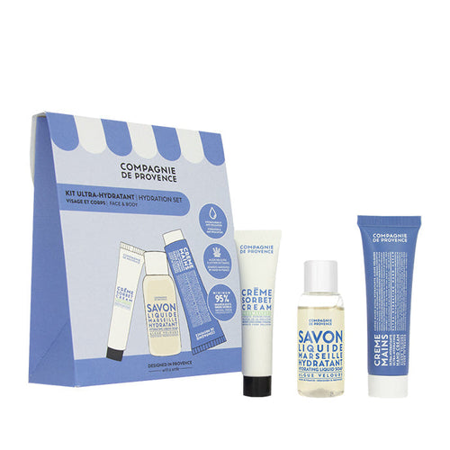 A gift box set containing a liquid Marseille soap, a moisturizing hand cream, and a moisturizing face cream, all with 'Compagnie de Provence' branding.