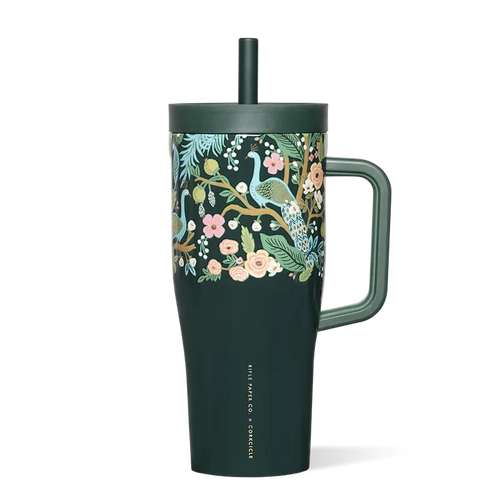 Dark green tumbler with floral and peacock design on a white background