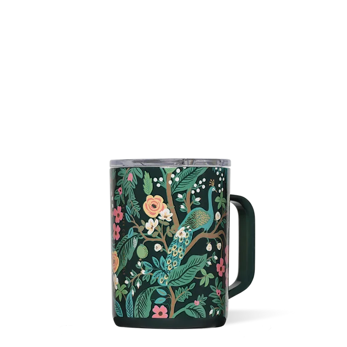 A floral patterned blue ceramic coffee mug with a handle.