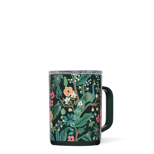 A floral patterned blue ceramic coffee mug with a handle.