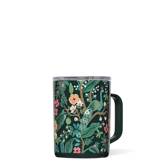 A floral patterned blue ceramic coffee mug with a handle.