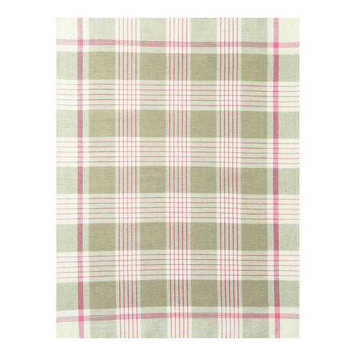 Plaid fabric with natural, red, and white pattern on a white background